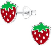 Joy|S - Zilveren aardbei oorbellen - 7 x 8 mm - rood groen zilver - kinderoorbellen