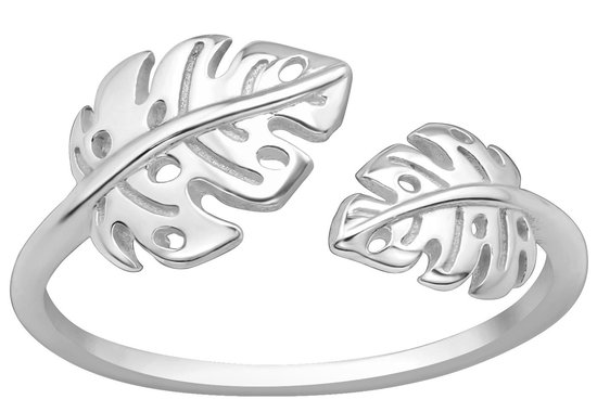 Joy|S - Zilveren blad ring verstelbaar - monstera - (maat 7: zie omschrijving) - aanschuifring - rhodium / gehodineerd
