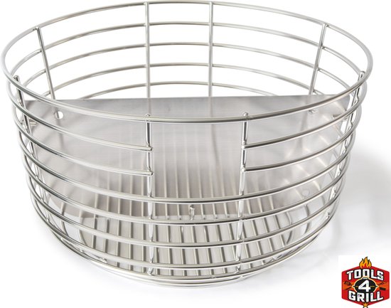 Zilverkleurige metalen kolenmand met ronde spijlen, een platte bodem en een grillrooster aan de onderkant.