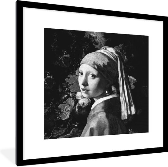 Fotolijst incl. Poster - Het meisje met de parel - Johannes Vermeer - Zwart - Wit - 40x40 cm - Posterlijst