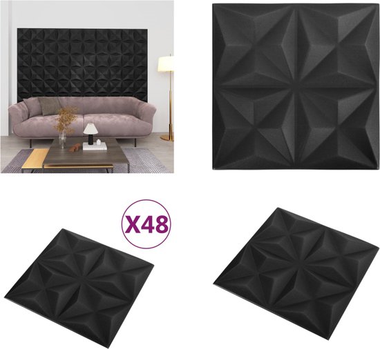 vidaXL 48 st Wandpanelen 3D 12 m² 50x50 cm origamizwart - Wandpaneel - Wandpanelen - 3D-wandbehang - 3D-wandpaneel