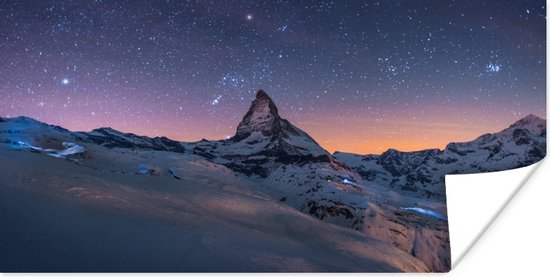 Poster Nacht boven het landschap tijdens de winter van Zwitserse Matterhorn - 150x75 cm