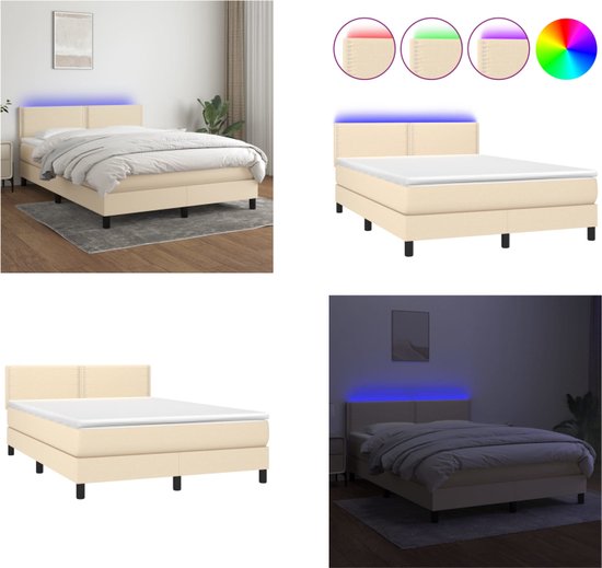 vidaXL Boxspring met matras en LED stof crèmekleurig 140x190 cm - Boxspring - Boxsprings - Bed - Slaapmeubel