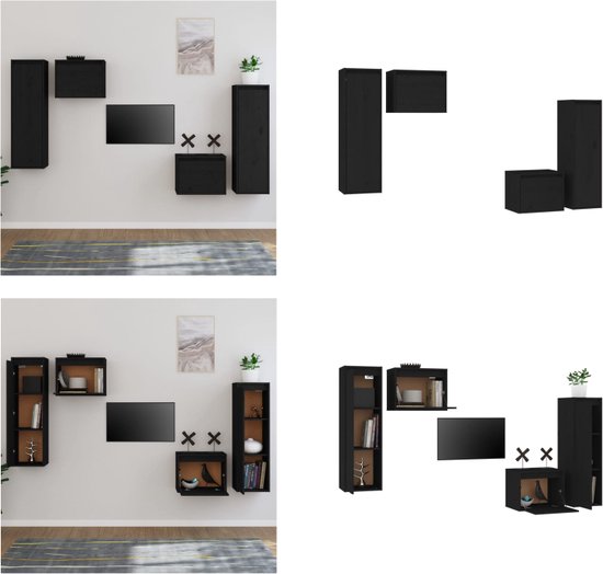 vidaXL Tv-meubelen 4 st massief grenenhout zwart - Tv-kast - Tv-kasten - Tv-meubel - Hifi-meubel