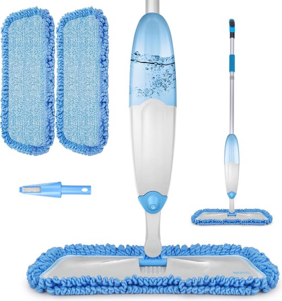 MINGYI Scopa Lava Pavimento 2 In 1 Con Secchiello – Mop Piatto A Spray, Manico 132 Cm Regolabile, 2 Panni In Microfibra
