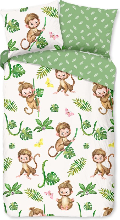 Good Morning Kinderdekbedovertrek "apen en bladeren" - Groen - (140x200/220 cm) - Katoen