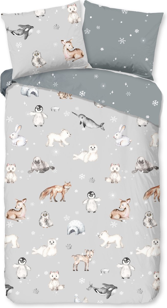 Good Morning dekbedovertrek dieren in winterthema - Grijs - 100% Katoen flanel Grey
