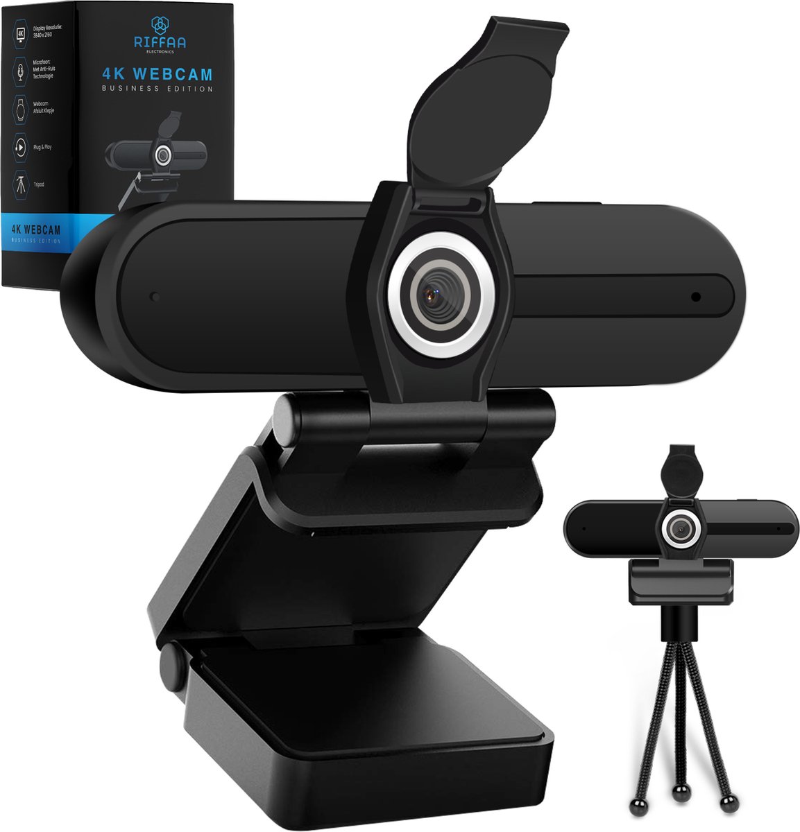 Riffaa 4K Webcam voor Pc met Microfoon 8MP - Business Edition - Inclusief tripod en klepje - Windows en Mac - Webcams met usb - Full HD - Riffaa