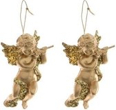 2x Gouden engelen met dwarsfluit kerstversiering hangdecoratie 10 cm - Kerstversiering/decoratie