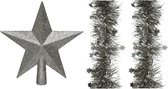 Set van een kerst ster piek en 2x stuks kerstslingers antraciet (warm grey) glitter 270 x 10 cm - Kerstversiering