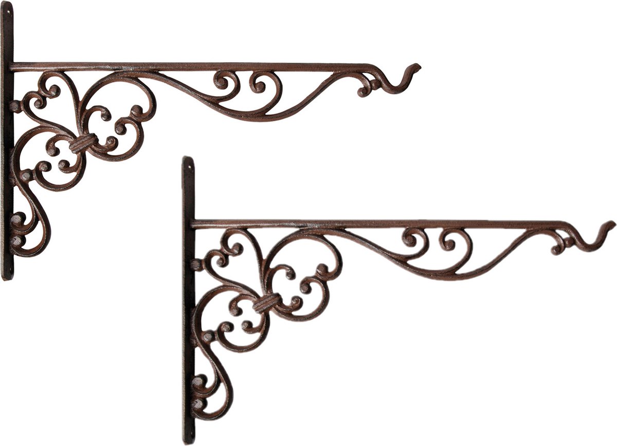 2x stuks muurhaken met sierkrullen bruin - gietijzer - 35 x 25 cm - hanging basket haak - Esschert Design