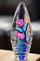 Crematie-as Urn Glas Premium Design Blauw met orchidee bloem/ vlinder afbeelding en een naam-Urn met afbeelding dmv.hoge kwaliteit sign folie-Urn voor crematie-as-Deelbestemming urn Mens-Urn Dierbare-As Urn-70ml-Premium kwaliteit