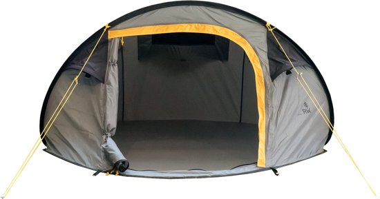 Een open pop-up tent van binnenuit, met grijze wanden, gele accenten en een mat.