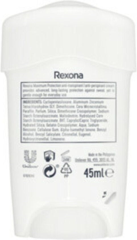 Achterkant van Rexona Maximum Protection deodorant stick met ingrediënten.