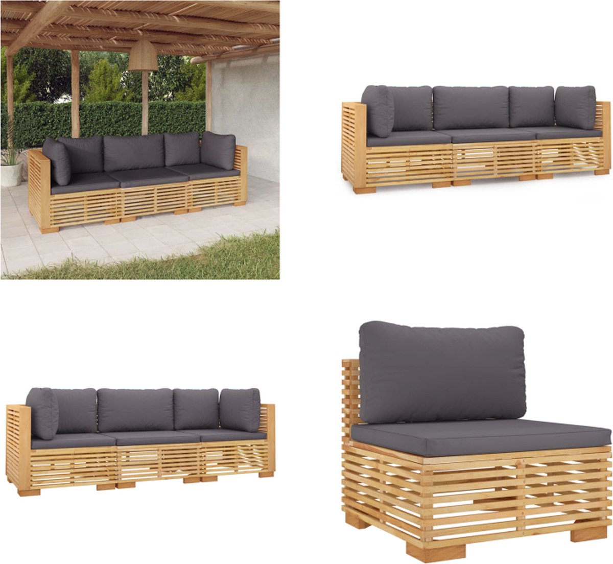 vidaXL 3-delige - Loungeset - met - kussens - massief - teakhout Donkergrijs