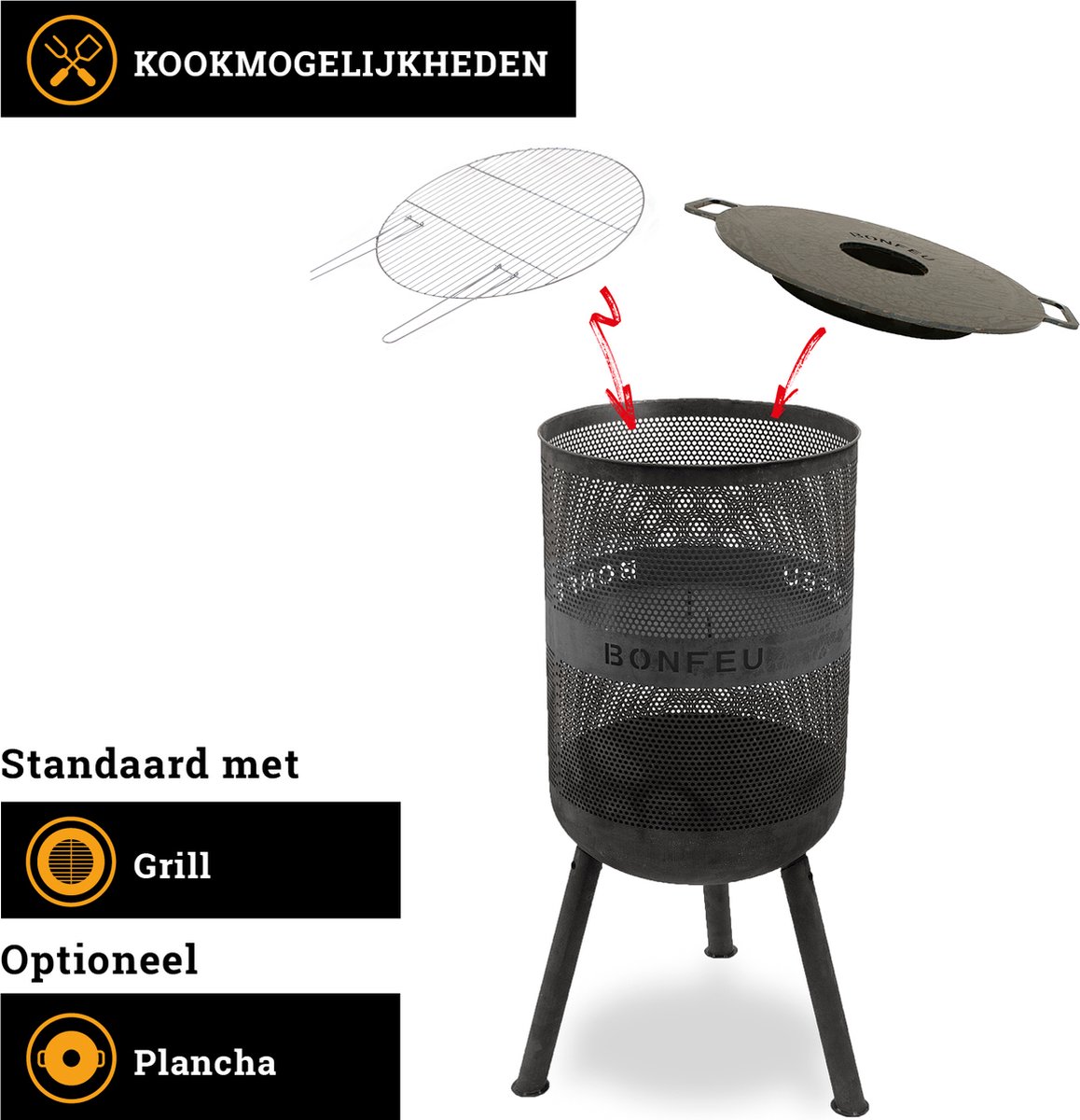 BonFeu BonVes Fire Basket 45 cm - With Grill Grate and Poker - Black