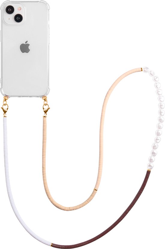 Casies Apple iPhone 14 Plus hoesje met koord - Parel kralen mix ketting - long size - crossbody - Cord Case Pearl