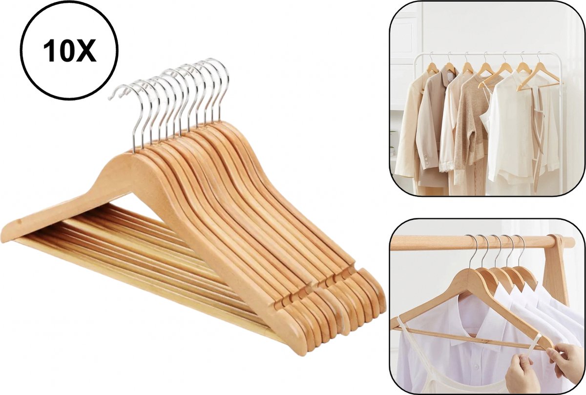 10x PD® - kledinghangers - Hout - 360° Zinken Haak - Kledinghangers beige - kledinghangers hout - kleding hangers