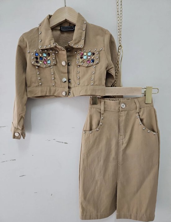 Set kleding meiden meisjes rok en jasje bruin camel studs kleuren maat 10/10Y stoer voorjaar zomer