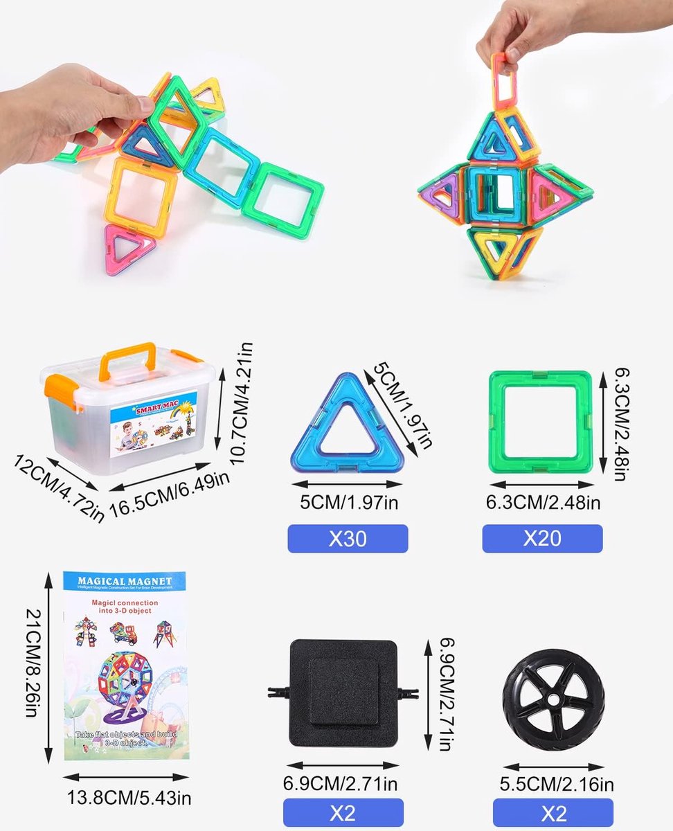 Magnetische bouwblokken 52-delig Magnetisch bouwblokkenspeelgoed van 3 tot 10 jaar oud voor meisjes en jongens Magnetische blokkenset voor Kerstmis