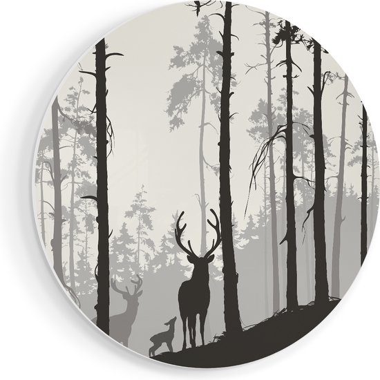 Artaza Forex Muurcirkel Herten In Het Bos - Silhouet - 70x70 cm - Wandcirkel - Rond Schilderij - Wanddecoratie Cirkel - Muurdecoratie