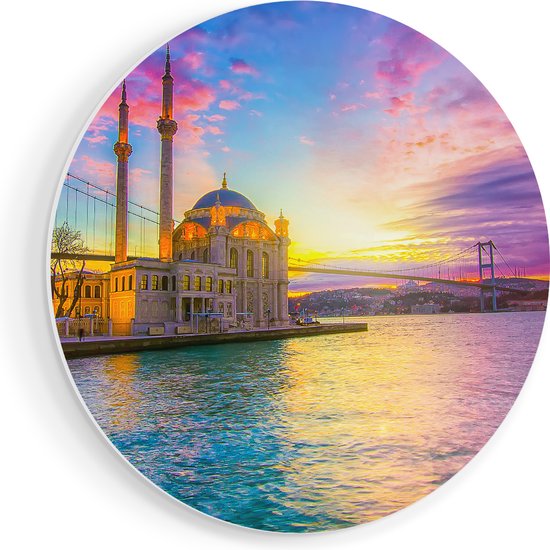 Artaza Forex Muurcirkel Kleurrijke Ortakoy Moskee In Instanbul - 70x70 cm - Wandcirkel - Rond Schilderij - Wanddecoratie Cirkel - Muurdecoratie
