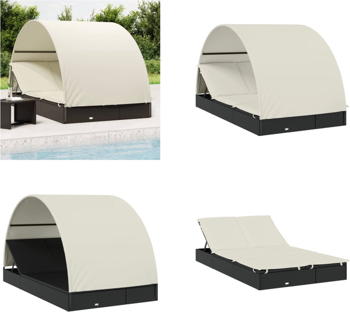 vidaXL - Ligbed - 2-persoons - met - rond - dak - 211x112x140 - cm - poly - rattan - zwart