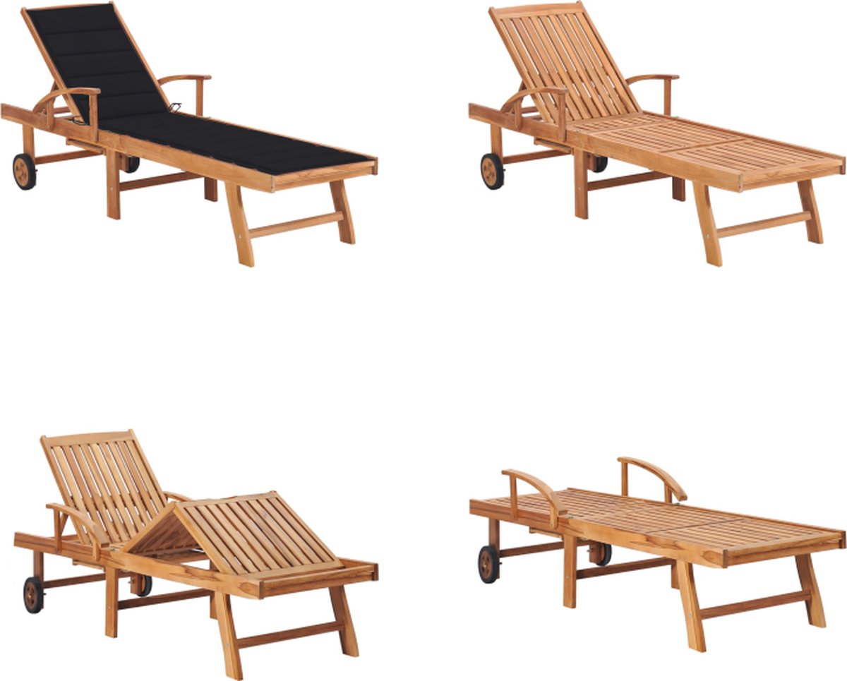 VidaXL Ligbed met zwart kussen massief teakhout Zonnestoel Zonnestoelen Zonnebed Zonnebedden