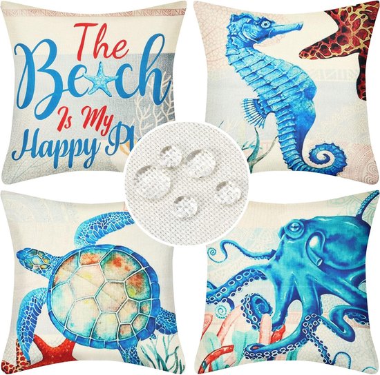 Kussenhoezen 45 x 45 cm waterdicht linnen kussenhoes blauw zeeleven zeepaardje zeeschildpad octopus voor buiten zomerbank bank meubeldecoratie set van 4