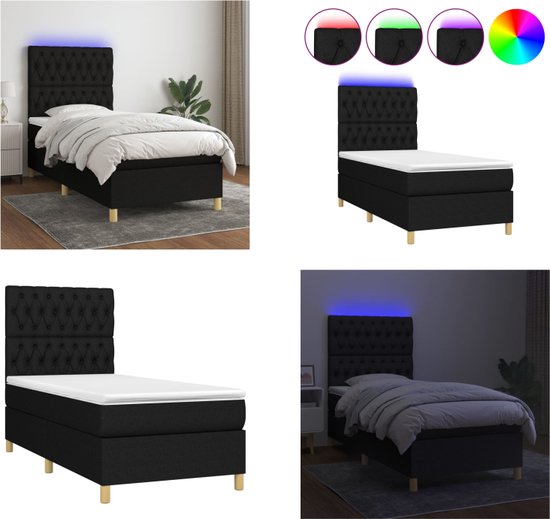 vidaXL Boxspring met matras en LED stof zwart 90x200 cm - Boxspring - Boxsprings - Bed - Slaapmeubel