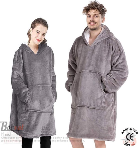 Borvat® - Plaid - Couverture à capuche avec manches - Onesie - Blanket polaire - Couverture câline - Femmes - Hommes - Enfants - Extra chaud - Grijs