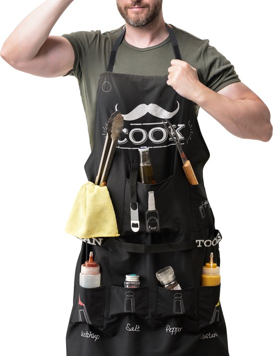BRAMBLE - Tablier amusant pour hommes, tablier de barbecue avec capuche, 7 poches et décapsuleur attachés - Cadeau Uniek pour Noël, anniversaires et Vaderdag