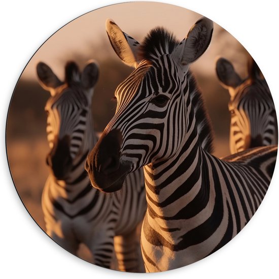 Dibond Muurcirkel - Dieren - Zebra - Wildernis - Zon - 60x60 cm Foto op Aluminium Muurcirkel (met ophangsysteem)
