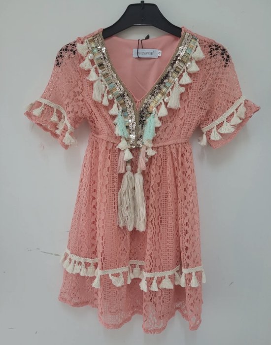 Jurk meiden meisjes koraal ibiza strand beach boho bohemian voorjaar zomer kralen pailletten steentjes studs maat 14/14Y