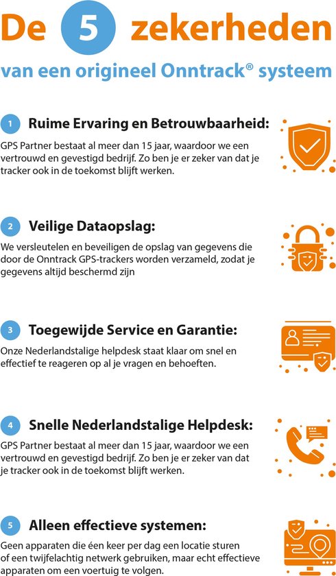 Illustratie met de 5 zekerheden van een Onntrack systeem: ervaring, veilige dataopslag, service, helpdesk en effectieve systemen.
