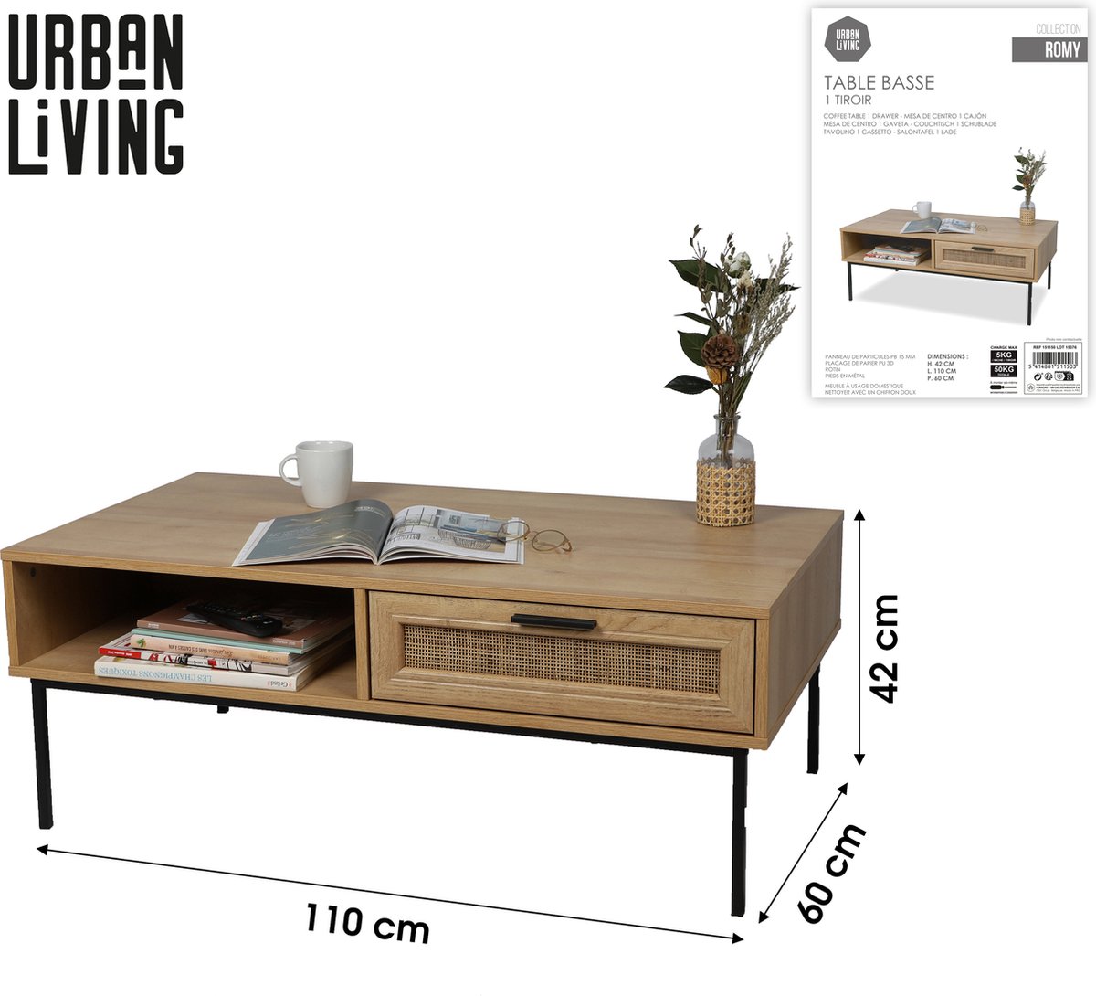 Urban Living SALONTAFEL MET 1 LADE EN 1 NICHE 110X59XH42CM brown