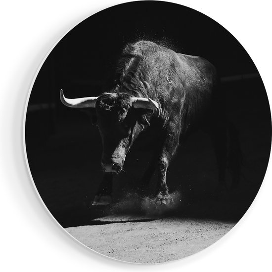 Artaza Muurcirkel - Stier In De Arena - Zwart Wit - Wandcirkel - Rond Schilderij