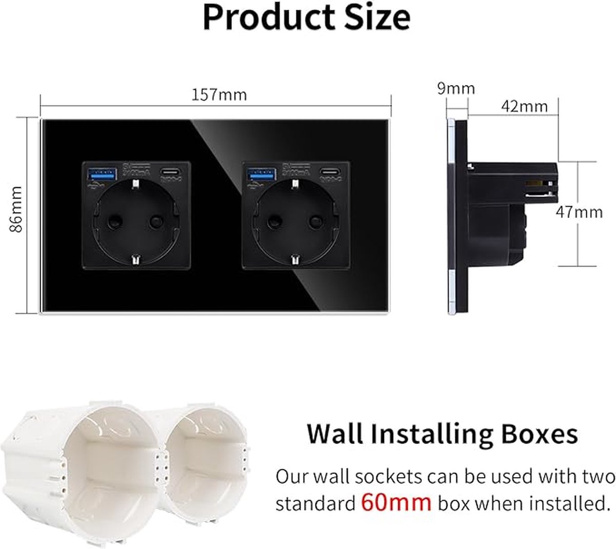 Snel Opladend USB / C Stopcontact - Zwart, 16 Ampère, Glazen Schuko Stopcontacten, USB-Aansluiting, Glazen Paneel