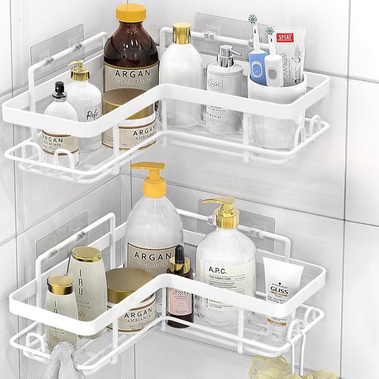 Doucheplank roestvrij staal zonder boren hoek - voor douchegel, shampoo, zeep - hoekrek universele houder douche lijmen - douche-organizer, hoekplank roestvrij - douchehoek (douchehoek zonder boren