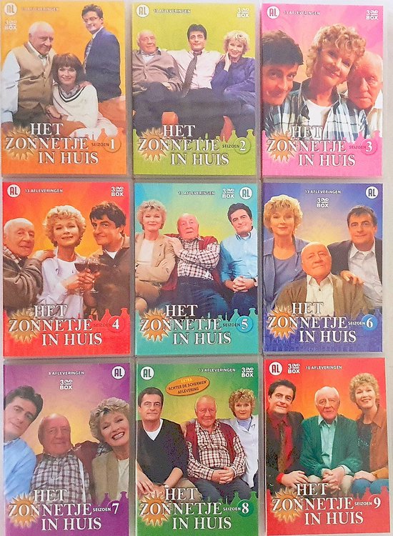 9 dvd-covers met acteurs uit de serie 'Het Zonnetje In Huis', elk met een ander seizoen.