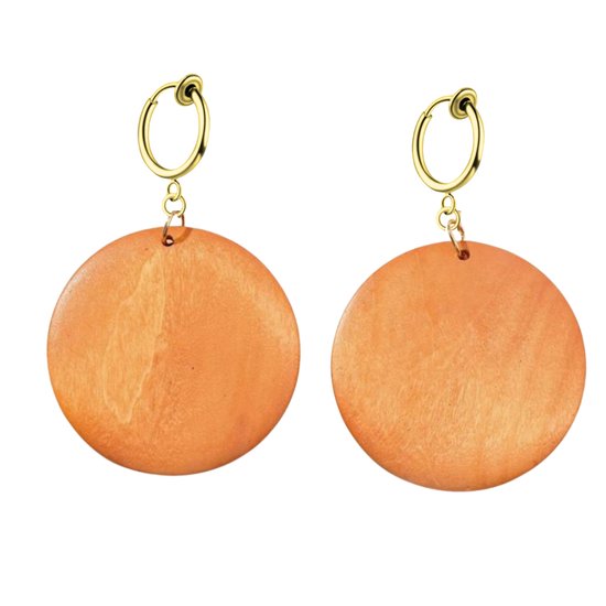 Klem -oorbellen -hout -oranje- 7 cm- Geen gaatje- Charme Bijoux