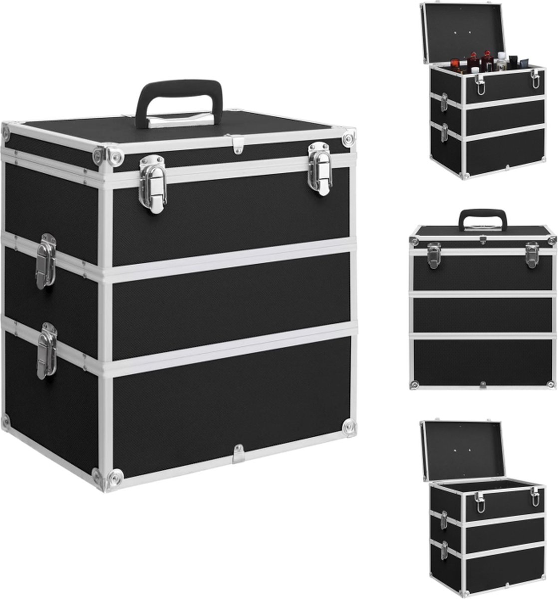 vidaXL - Make-up - koffer - 37x24x40 - cm - aluminium - zwart