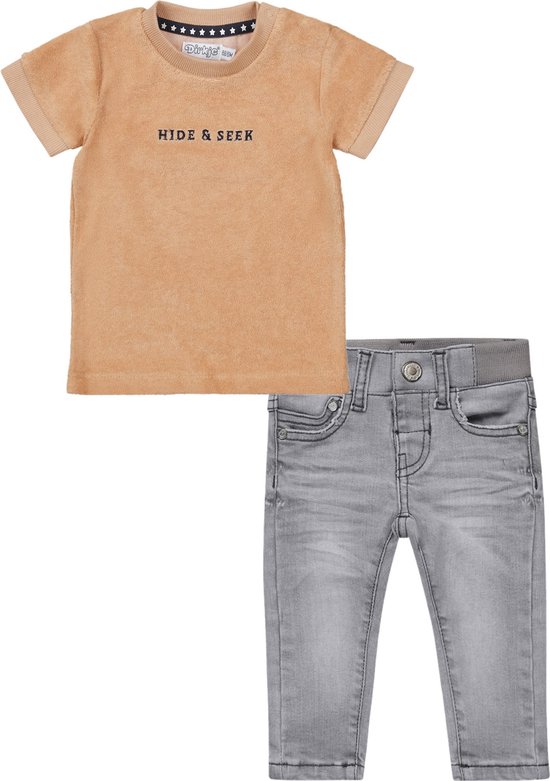 Dirkje - Kledingset - 2delig - Broek Grijze Wash Jeans - Shirt Bruin badstof met printje