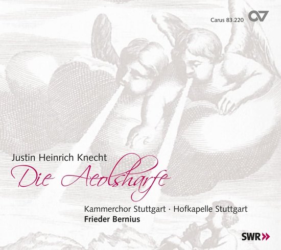 Albumhoes met de titel 'Die Aeolsharfe' in sierlijk schrift, omringd door cherubijnen. Kammerchor Stuttgart, Hofkapelle Stuttgart, Frieder Bernius.