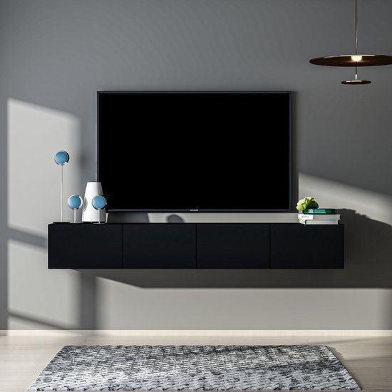 Meuble TV Skane Home 200 cm Zwart Mat avec éclairage LED
