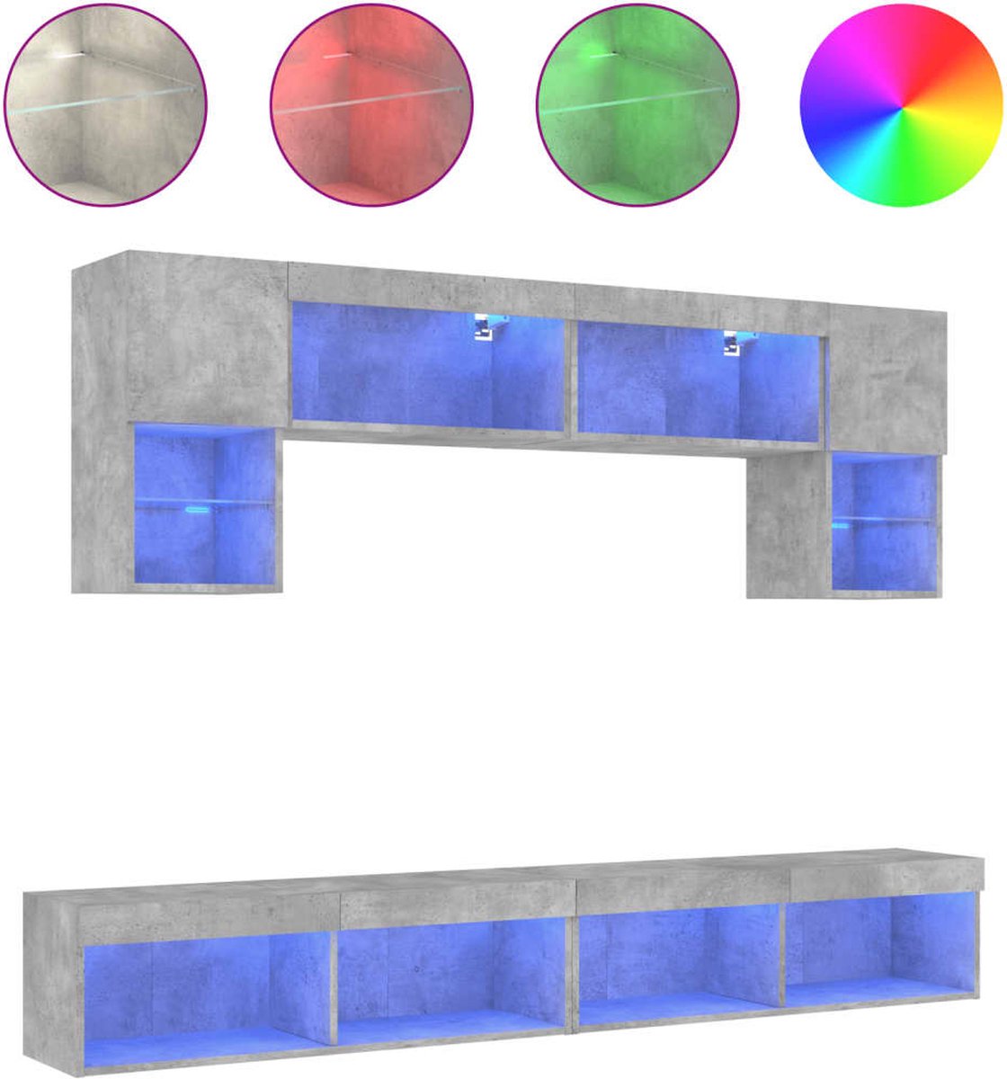 vidaXL - 6-delige - Tv-wandmeubelset - met - LED - bewerkt - hout - betongrijs
