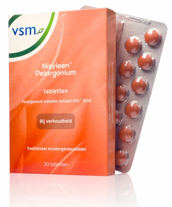Pakje Nisyleen Pelargonium tabletten met 20 tabletten, bij verkoudheid.