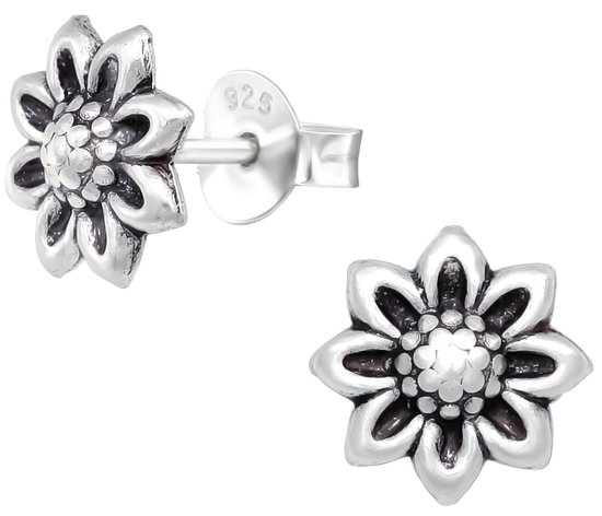 Joy|S - Zilveren bloem oorbellen - 8 mm - oorknoppen - geoxideerd