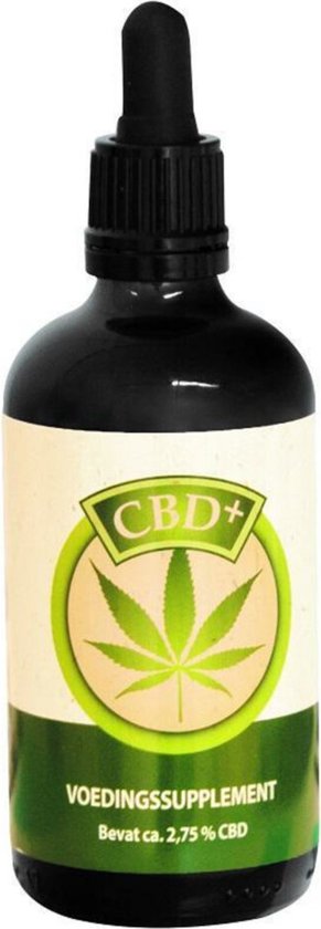 Bruine fles met druppelaar, wit label met groene rand en wietblad logo. "CBD+", "VOEDINGSSUPPLEMENT", "Bevat ca. 2,75% CBD".