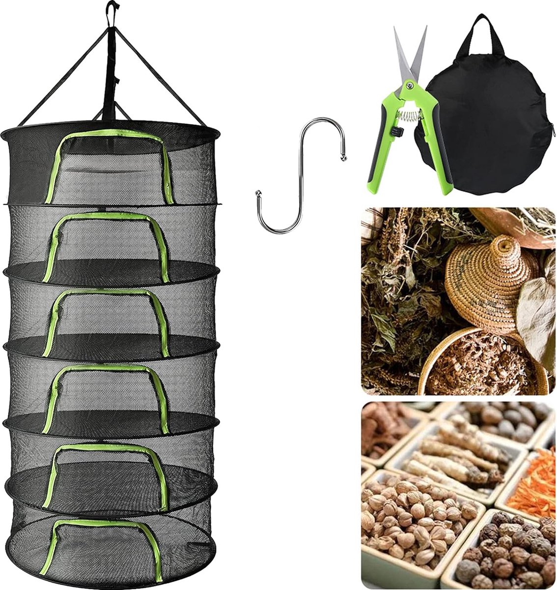 Goedkoopste Droognet voor kruiden, 6-laags kruidendroogrek om op te hangen, inklapbaar droogrek met schaar, haak voor kruiden, U-vormig ritsrek, hangend droognet
